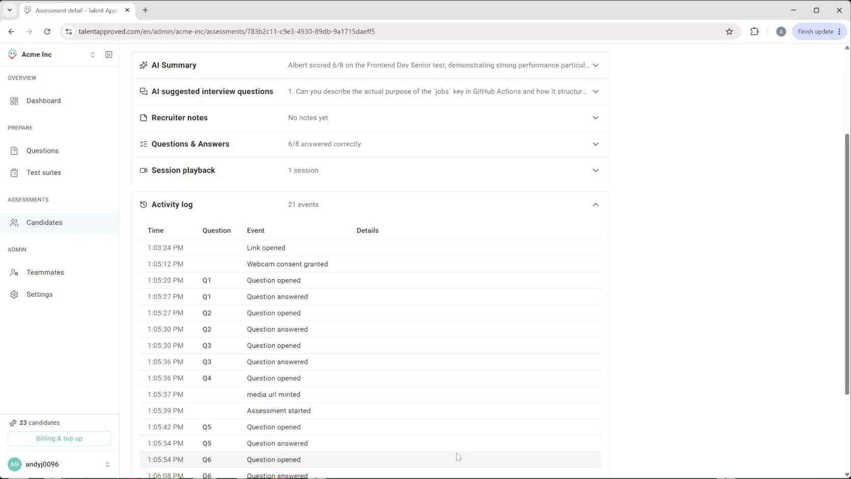 A chronological activity log listing events like link opened, question answered, and anti-cheat signals