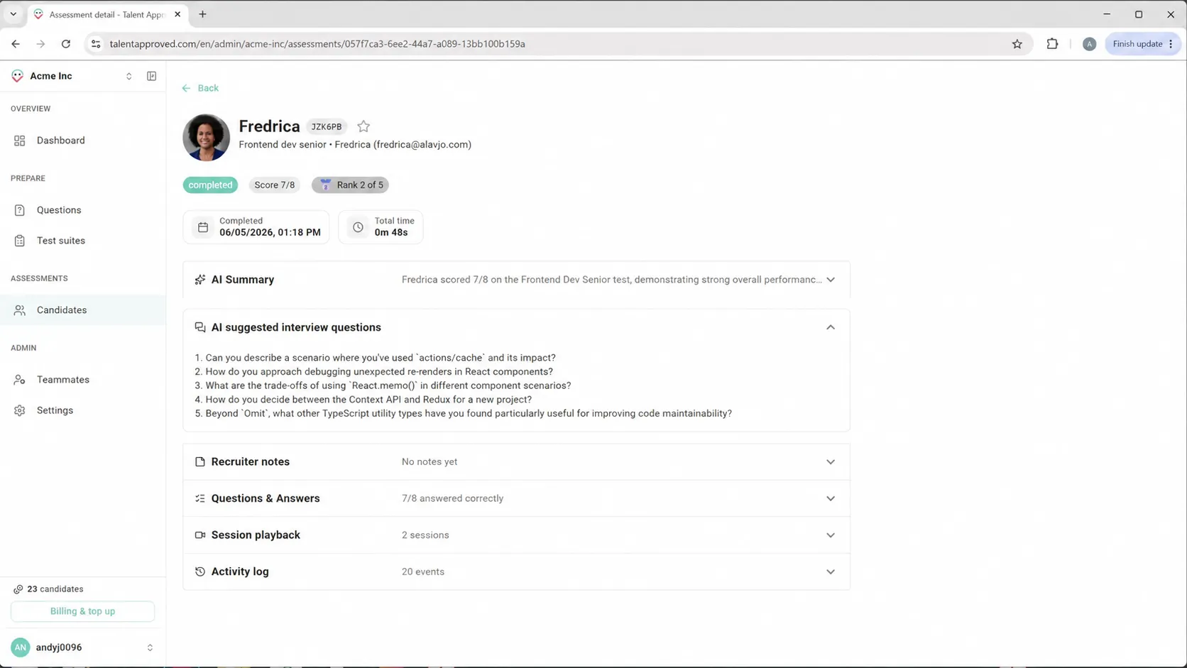 A candidate detail page showing a ranking medal and AI-suggested follow-up interview questions
