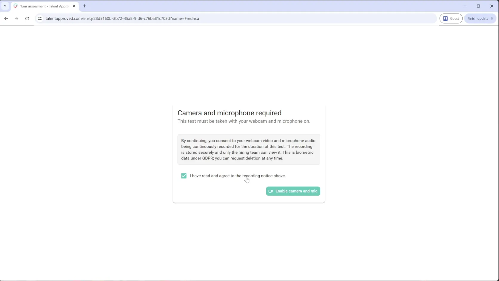 The camera-and-microphone consent screen with a GDPR notice and an agreement checkbox