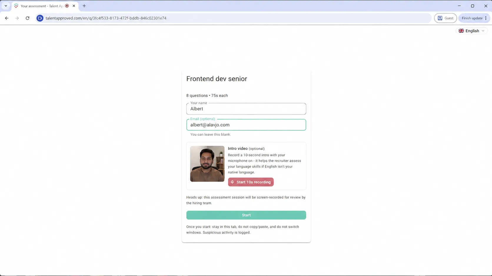 The pre-test start screen with an optional email, an optional 10-second intro video, and the screen-recording notice