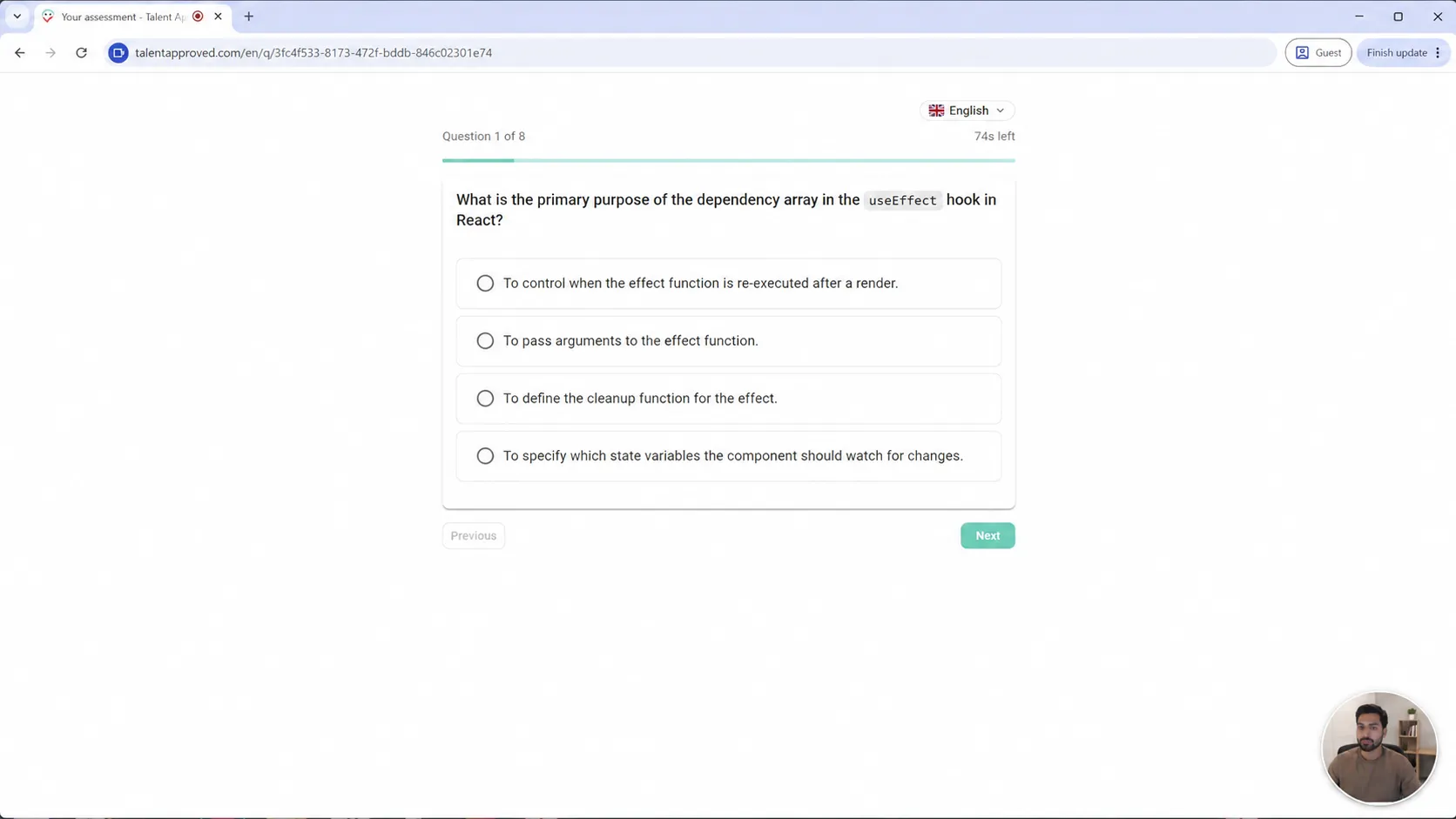 A candidate answering a timed multiple-choice question with a small live webcam self-view in the corner