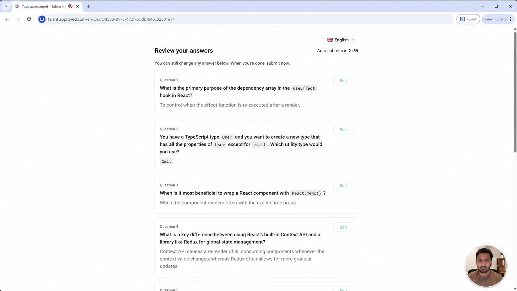 The review-your-answers screen letting a candidate revisit and edit answers before submitting