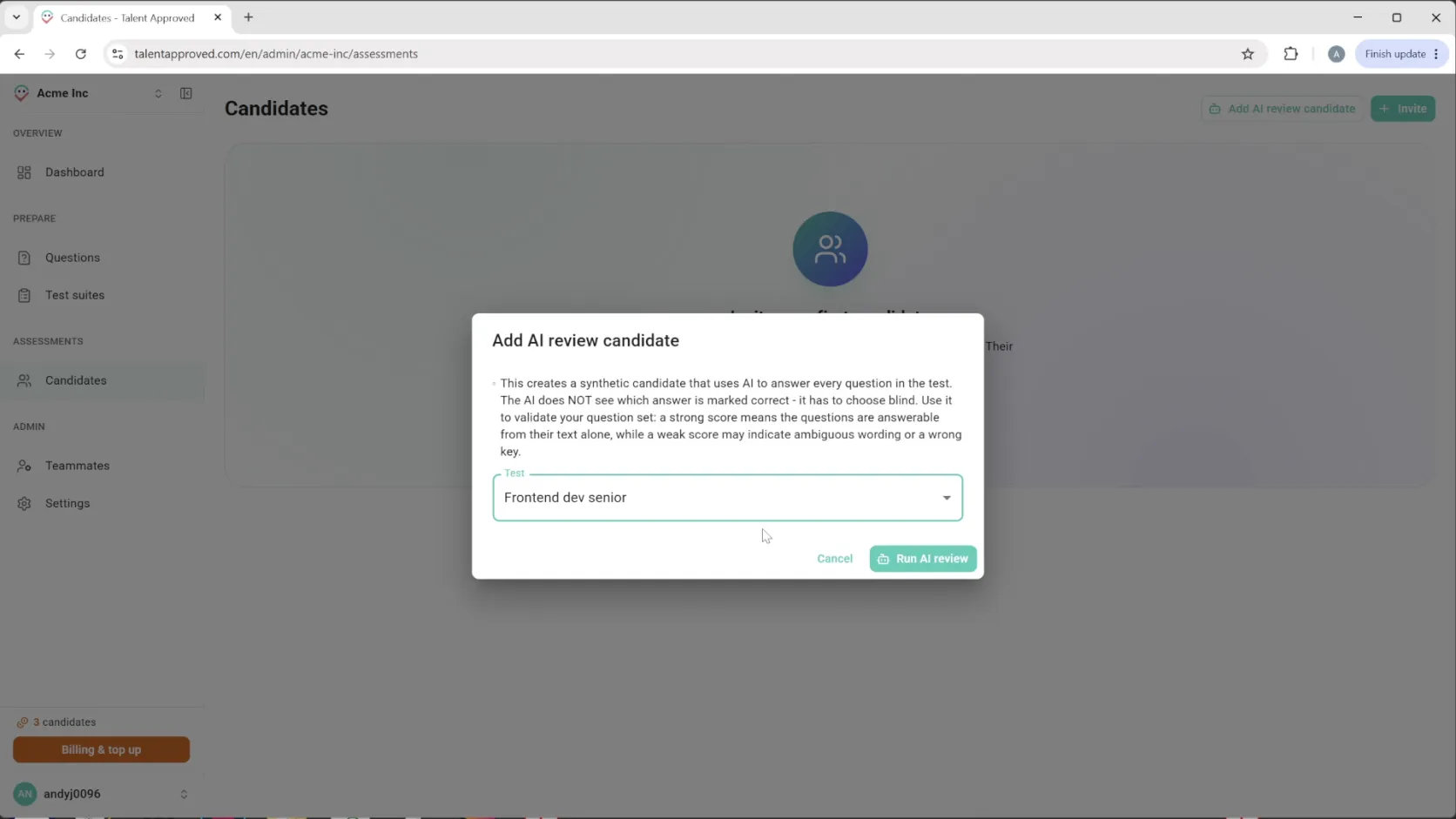 The Add AI review candidate dialog explaining that AI answers every question blind to validate the test