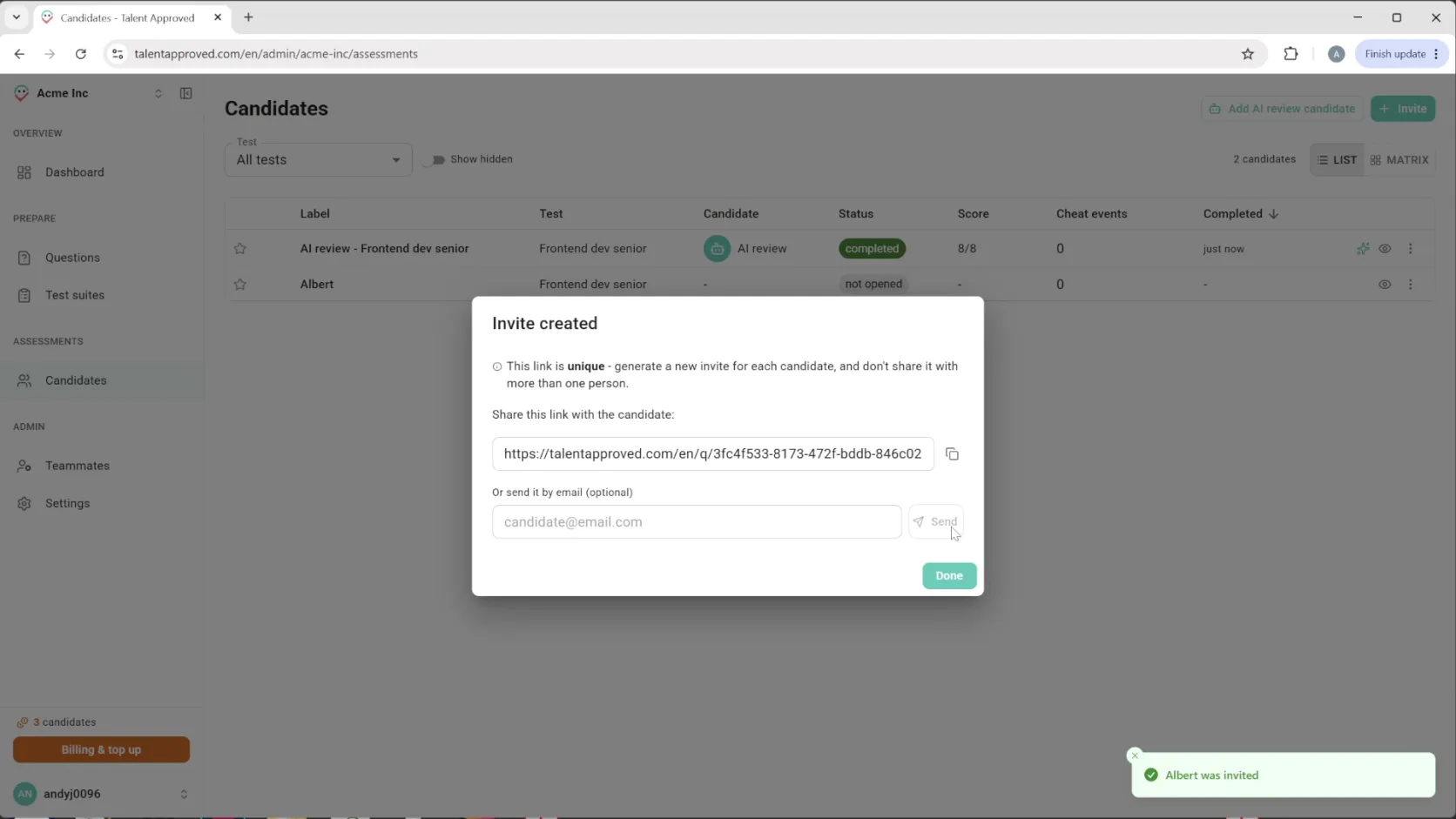 The invite dialog showing a unique candidate link plus an option to send the invite by email