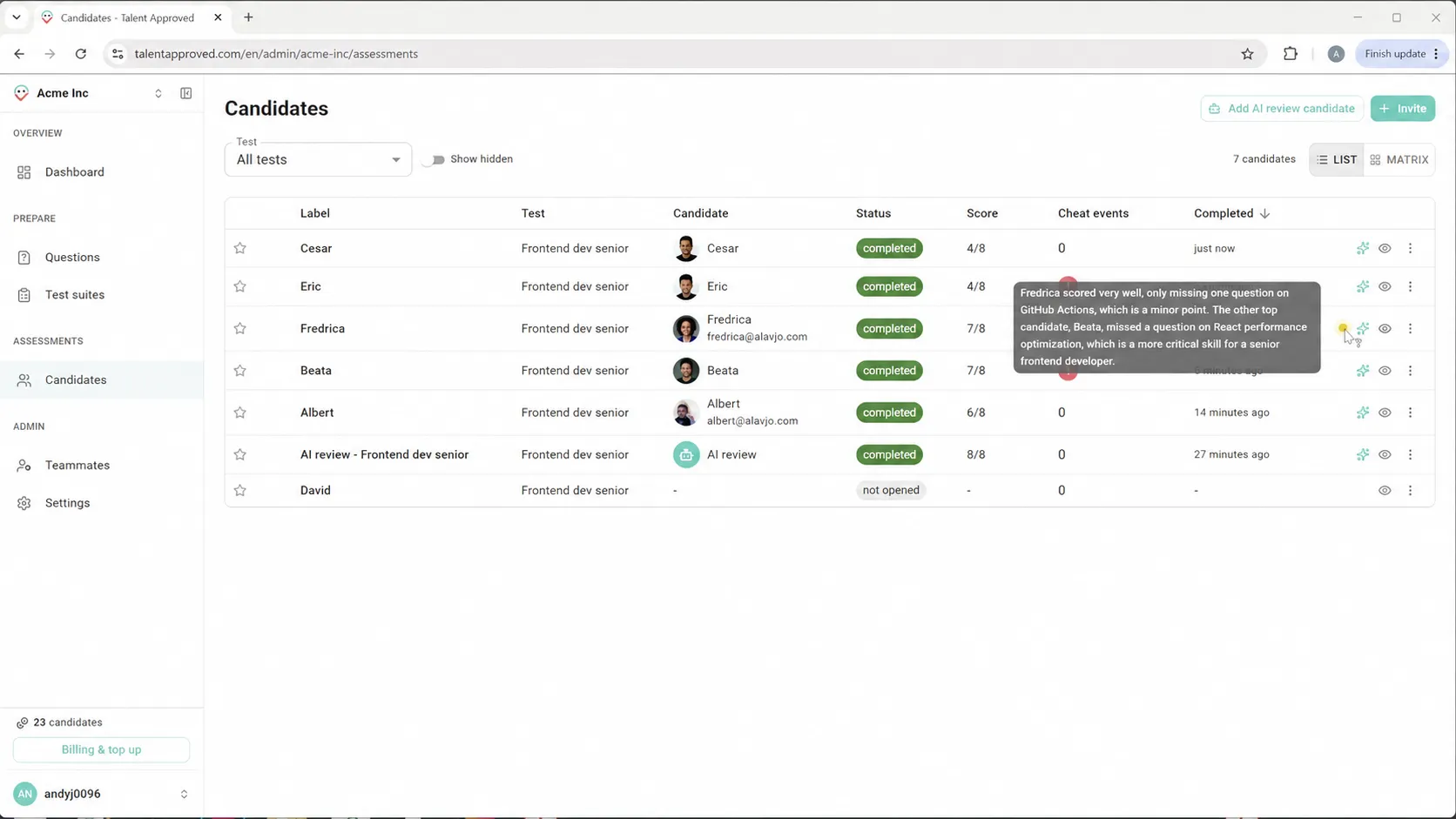 A tooltip explaining why AI recommended one candidate over the other top performer
