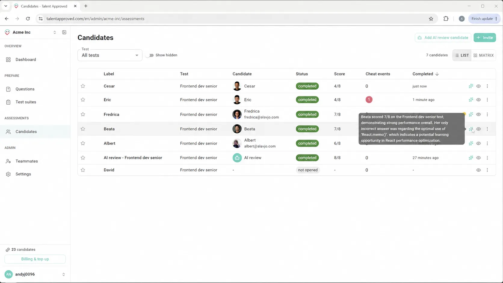 A tooltip showing an AI-generated summary of a candidate's performance