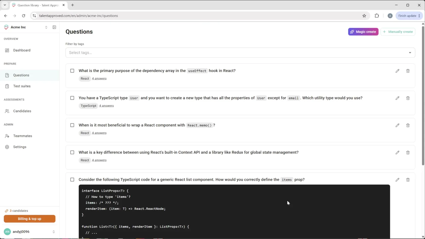 A populated question library with multiple-choice questions, code snippets, and tag chips like React and TypeScript