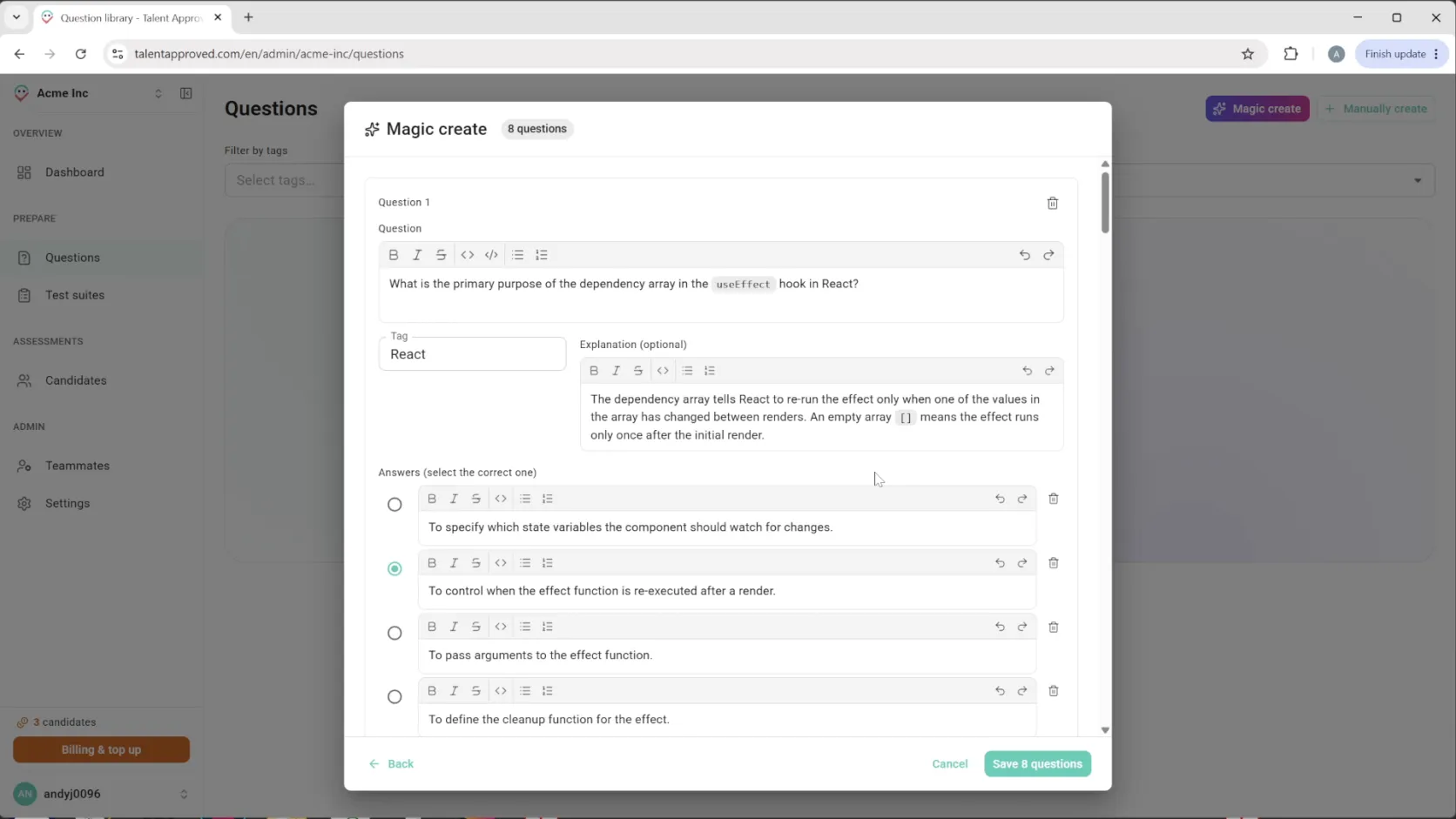 Generated React questions in the review step, each with options, a tag, and the correct answer marked