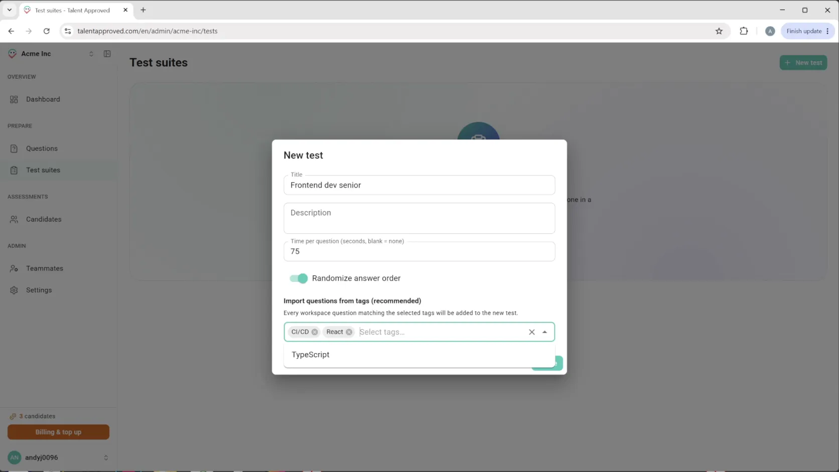 The new-test dialog importing every question that matches the selected tags