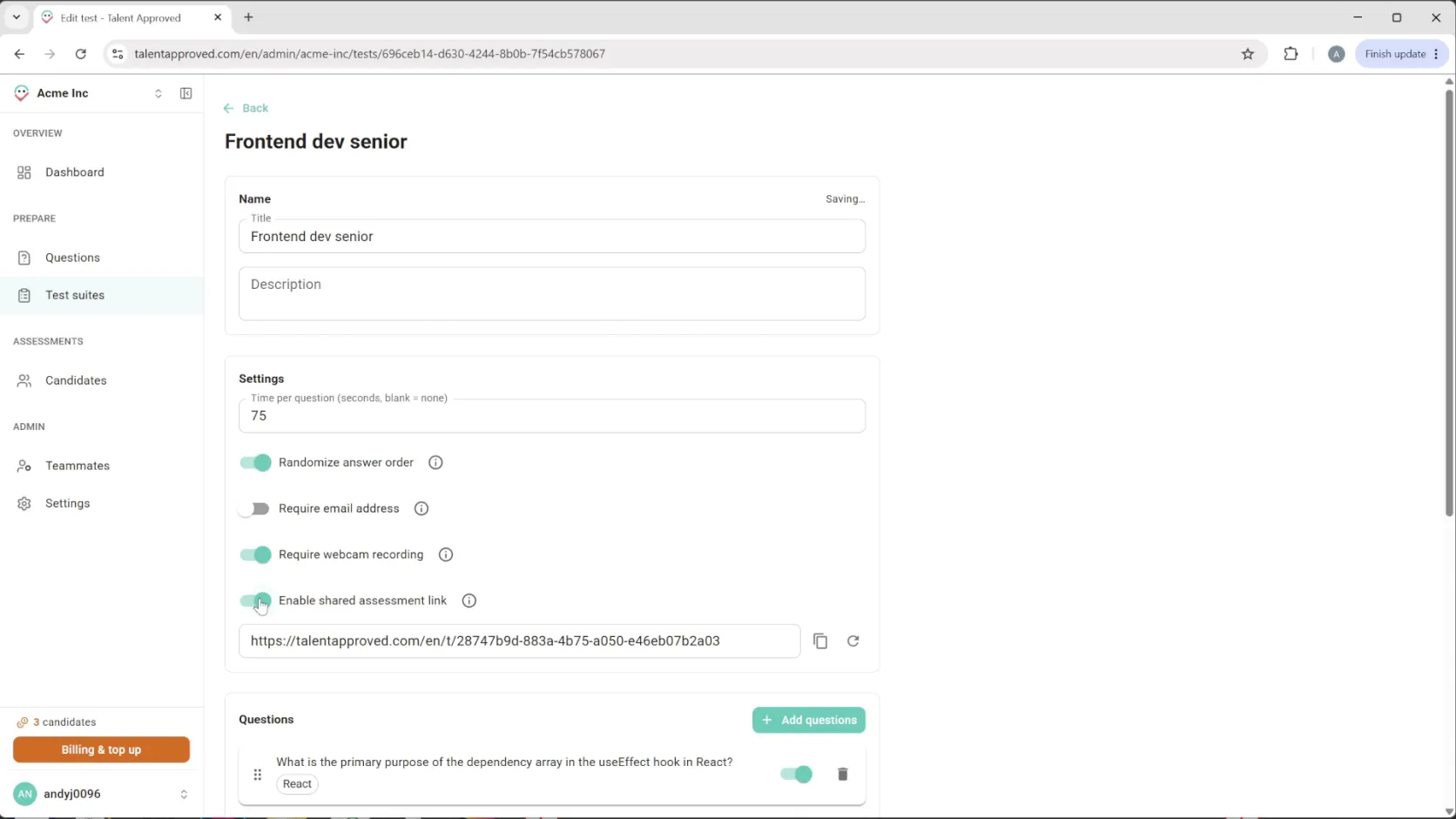 The test editor settings: time per question, randomize answers, require email, require webcam, and a shared assessment link